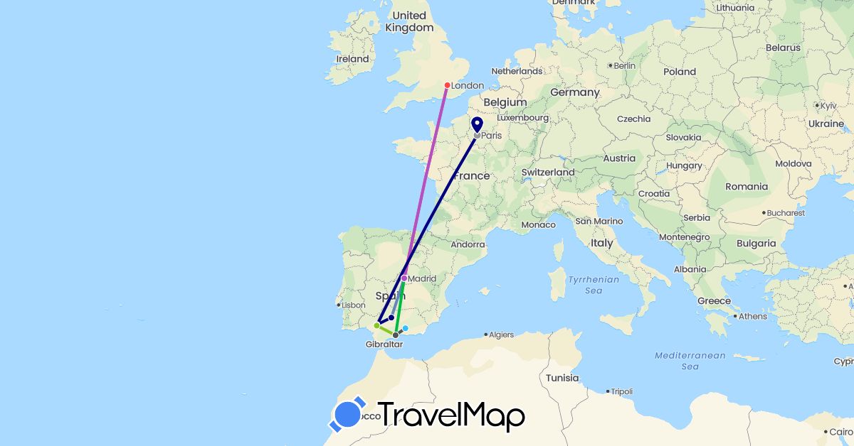 TravelMap itinerary: driving, bus, plane, cycling, train, hiking, boat, motorbike, electric vehicle in Spain, France, United Kingdom (Europe)